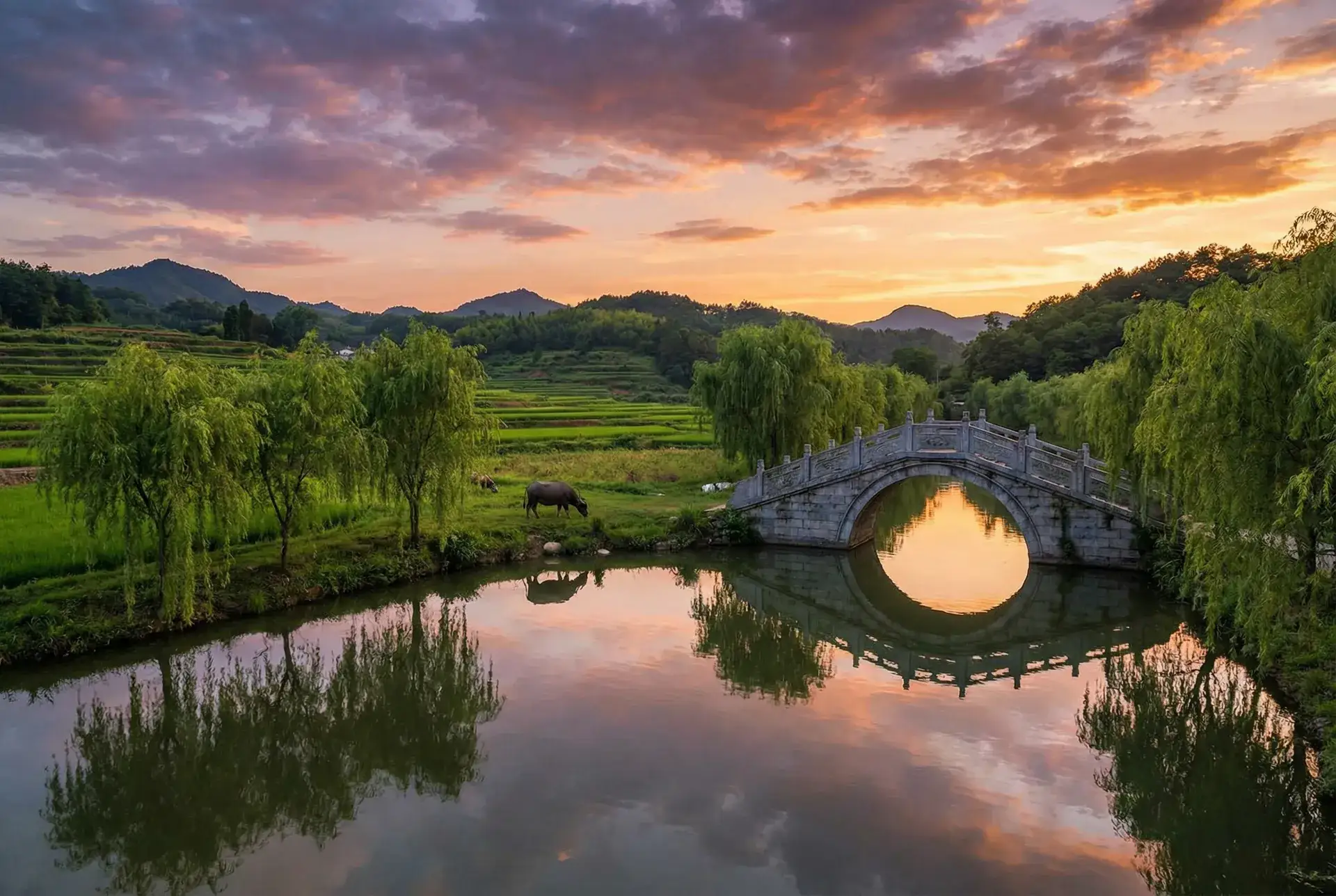 夕阳下的石拱桥与垂柳，水牛在河边吃草 - 亚洲精品日本一二三区 乡村美景